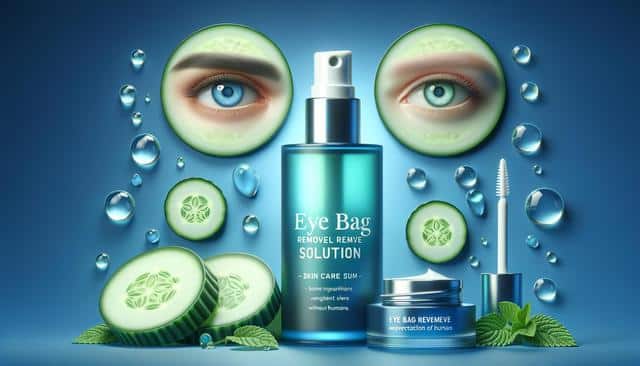 Skincare products with cucumber slices, eyes, water droplets, and green leaves on a blue background.
