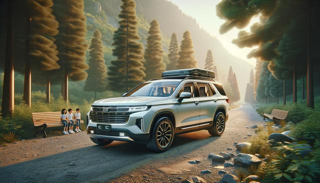 A silver SUV with a roof box on a forest road, kids sitting on a bench nearby.