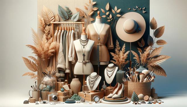 A chic arrangement of neutral-toned fashion items including clothes, hats, jewelry, shoes, and makeup brushes, with decorative leaves and plants.