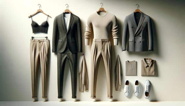 Neutral-toned clothing on hangers and a wall, including suits, pants, tops, and sneakers.
