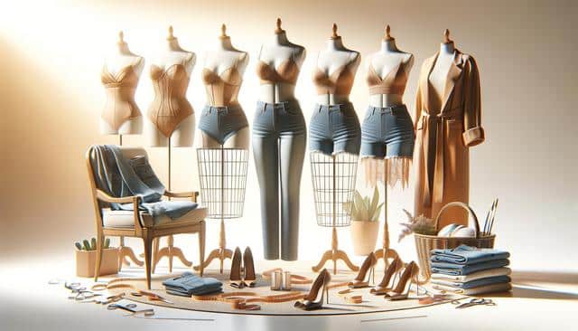 Mannequins with lingerie and jeans; chair with jeans; heels, measuring tapes, and sewing items on floor; plants and a basket in the background.