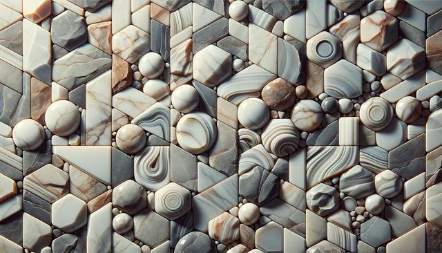 Intricate 3D mosaic of various stone tiles and spheres in earthy tones.
