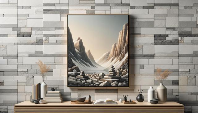 Framed mountain artwork on stone wall, with minimalistic decor below, including books and vases.
