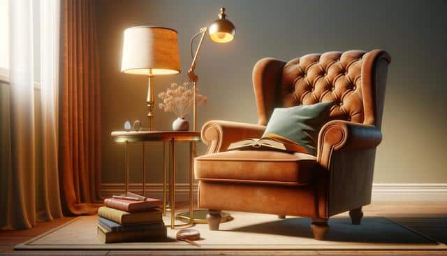 Cozy reading nook with a leather armchair, lamp, side table, and books.