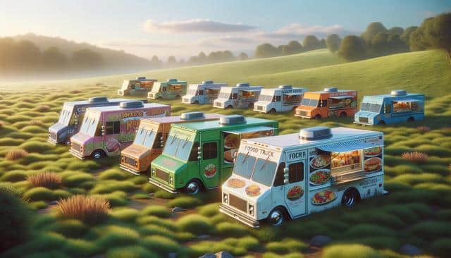 Colorful food trucks parked on a grassy field during sunset.