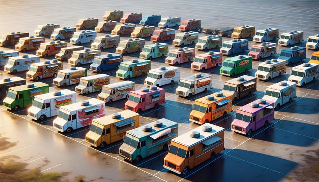 A large parking lot filled with colorful, neatly arranged food trucks.