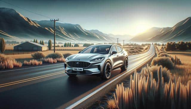 A silver car driving on a rural road with mountains in the background at sunset.