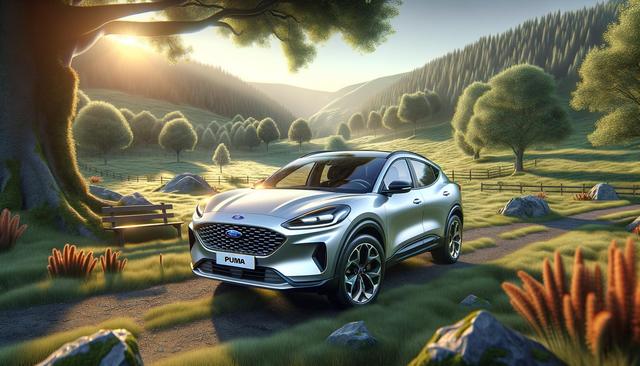 A silver SUV on a country road in a sunny landscape with trees and grassy hills.