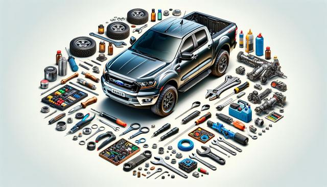 A pickup truck surrounded by various tools and car parts, like wrenches, tires, and engine components, arranged neatly.