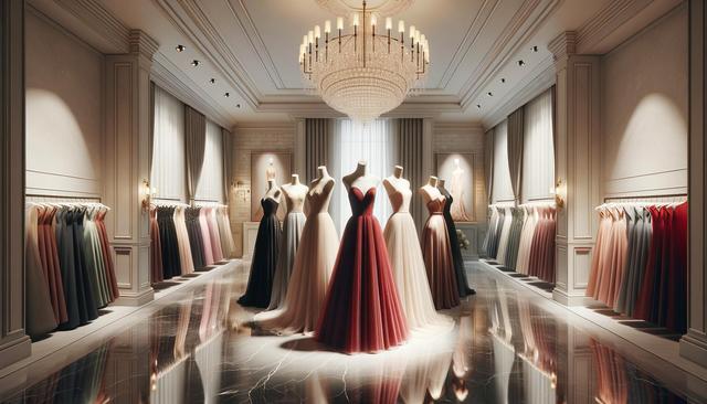 Luxurious gown store with chandeliers, mannequins in elegant dresses, and racks of colorful gowns.