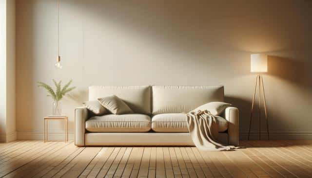 A minimalist living room with a beige sofa, cushions, a floor lamp, and a small table with a plant under soft lighting.