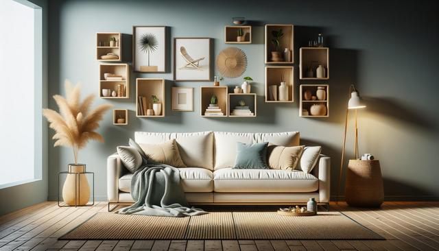 A cozy living room with a white sofa, decorative pillows, a soft blanket, and a wall of art and shelves. A floor lamp and vase with pampas grass add warmth.