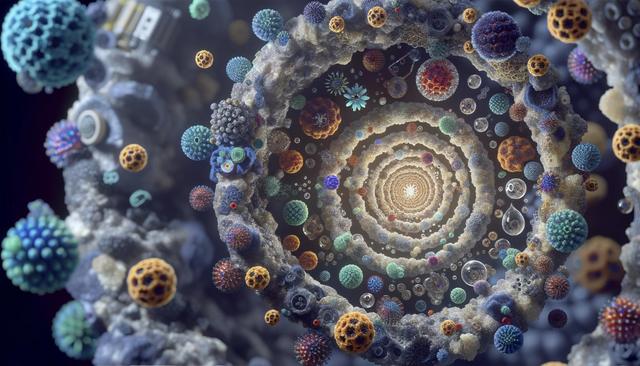 Colorful, intricate spiral of various abstract shapes and textures, resembling a microscopic view.