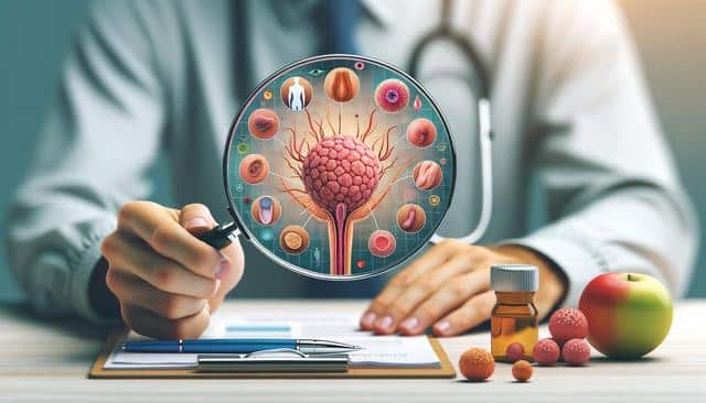 A person in a lab coat examines a prostate illustration with a magnifying glass, surrounded by related medical icons.