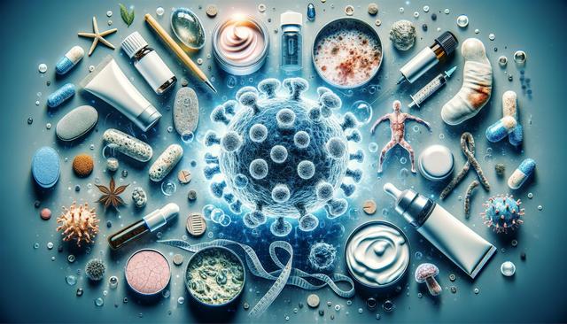 A large virus surrounded by pills, capsules, tape measure, cosmetics, and small vials.