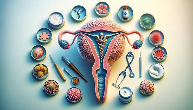 Illustration of a uterus surrounded by medical symbols, tools, and various items in circular dishes.