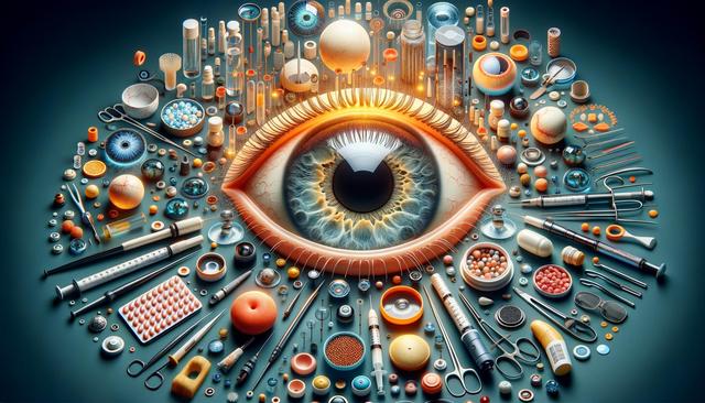 A large detailed eye surrounded by medical tools and small objects, arranged in a circular pattern.