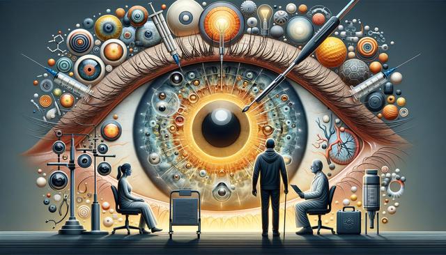 A surreal, futuristic scene with a giant eye surrounded by scientific equipment and individuals examining it.