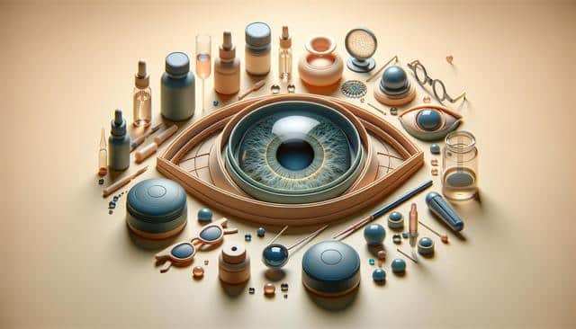 A large eye surrounded by eye care products and medical tools on a beige background.