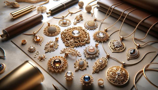 A collection of ornate gold jewelry including pendants, rings, and decorative items on a textured surface.