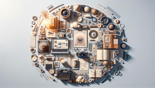 Circular collage of various office and creative tools, like cameras, notebooks, and a laptop, arranged on a light surface.