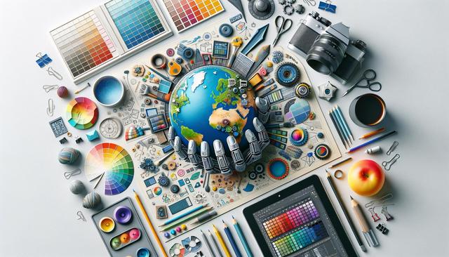 A globe surrounded by art supplies like paints, pencils, a camera, and color palettes, with a robotic hand holding it.