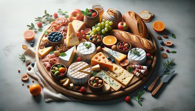 A large platter with various cheeses, fruits, nuts, bread, and cured meats arranged artfully.