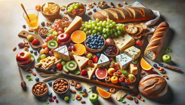 A cheese and fruit platter with various cheeses, grapes, apples, oranges, berries, nuts, bread, and juice on a wooden board.