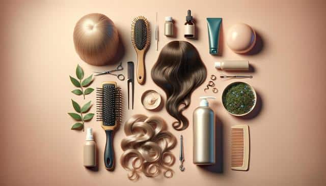 Assorted hair styling tools and products arranged neatly on a peach background.