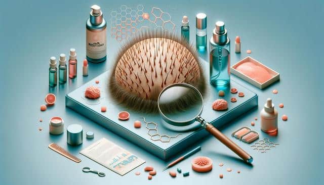Magnified scalp model surrounded by hair care products, a comb, scissors, a magnifying glass, and decorative elements on a blue surface.