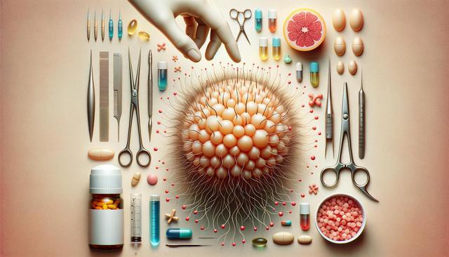 A medical-themed arrangement with pills, scissors, syringes, and a hand reaching towards a cluster of cells in the center.