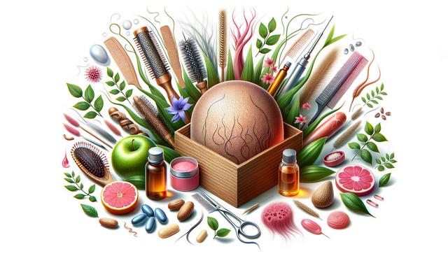 Various hair care items, plants, and fruits surround a boxed sphere with hair-like patterns.