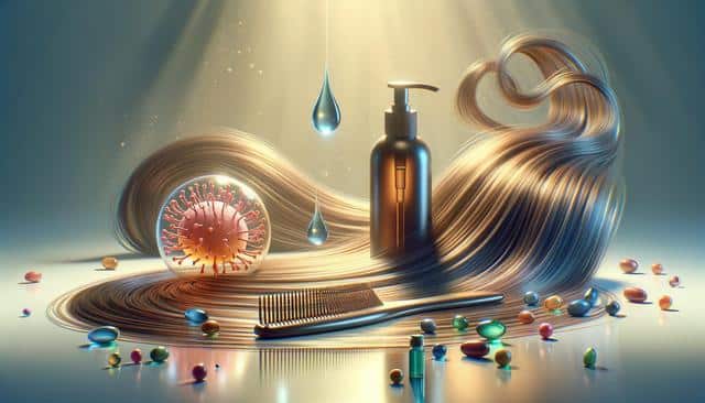 Shiny, flowing hair with a comb, black pump bottle, floating water drops, colorful orbs, and a virus-like sphere.