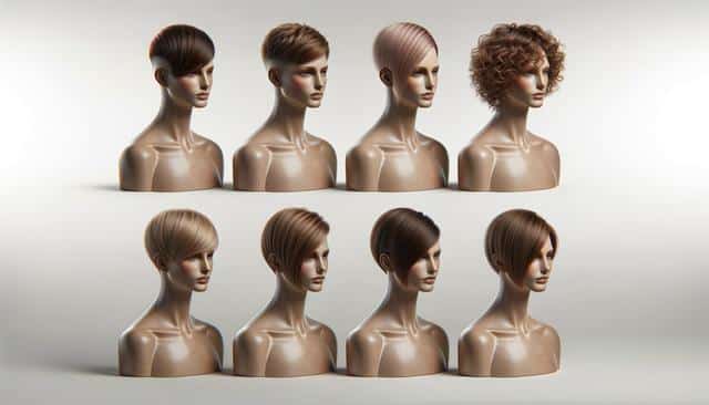 Eight mannequin heads with various short hairstyles, including straight, layered, and curly.