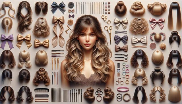 A woman with long, wavy hair surrounded by various hairstyles, bows, and hair tools on a beige background.