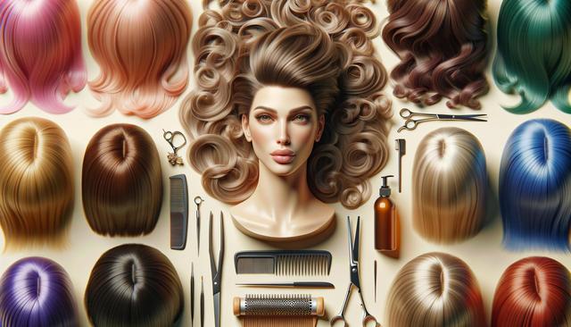 Woman with voluminous curls surrounded by colorful wigs and hair styling tools.