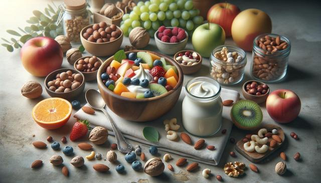A bowl of fruit salad with yogurt, surrounded by various fruits and nuts on a table.