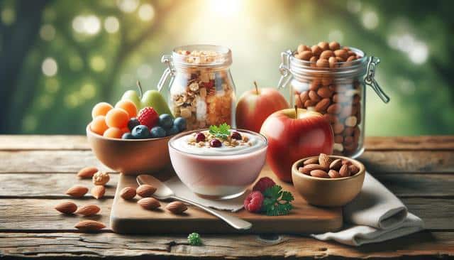A rustic breakfast scene with yogurt, fruits, nuts, granola jars, and apples on a wooden table.