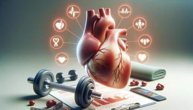 A realistic heart with glowing health icons, surrounded by a dumbbell, measuring tape, towel, and smartphone, symbolizing heart health and fitness.