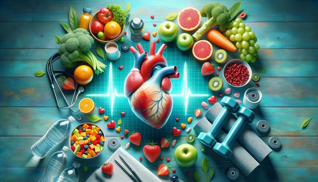 A heart surrounded by fruits, vegetables, exercise equipment, and a stethoscope on a blue background with a heartbeat line.