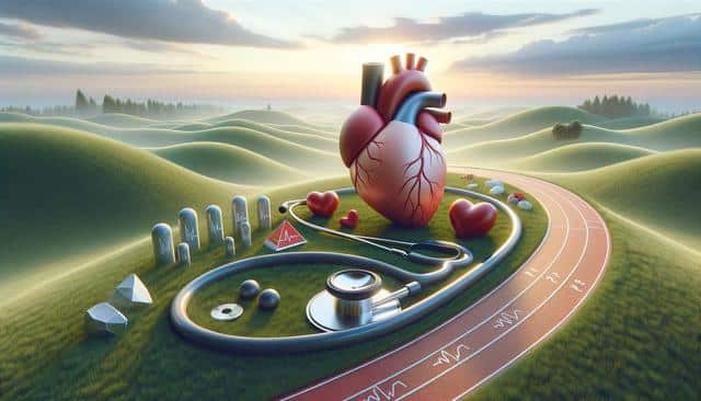 A large heart, stethoscope, and heart-shaped objects on a grassy landscape, with a winding running track at sunset.