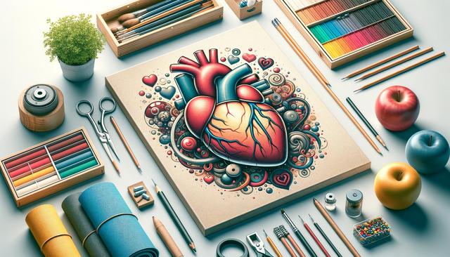 A colorful anatomical heart drawing surrounded by art supplies, apples, and plants.