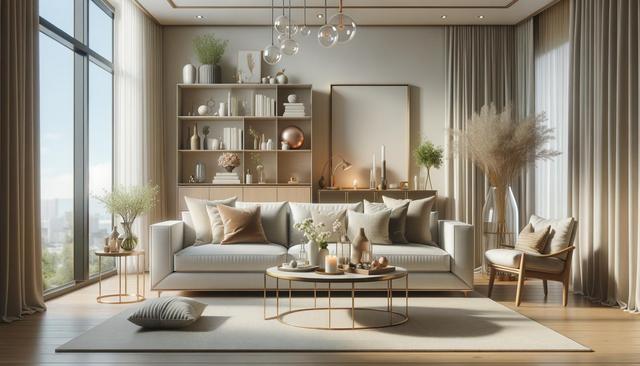Elegant living room with a beige sofa, decorative pillows, round coffee table, large bookshelf, and soft lighting. Floor-to-ceiling windows provide natural light.