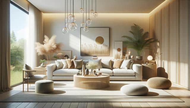Bright living room with a large window, neutral sofa, round coffee table, and plants.