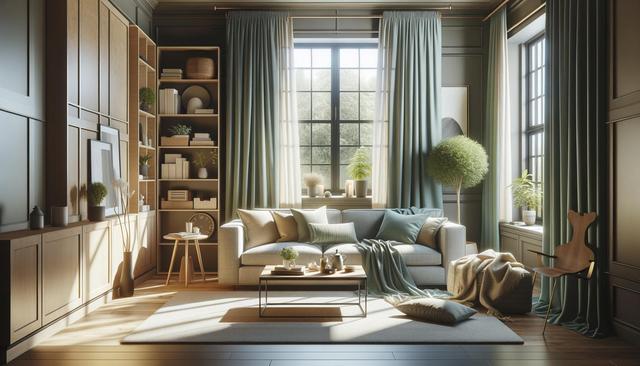 Bright living room with modern decor, large windows, green curtains, a grey sofa, and a wooden coffee table.