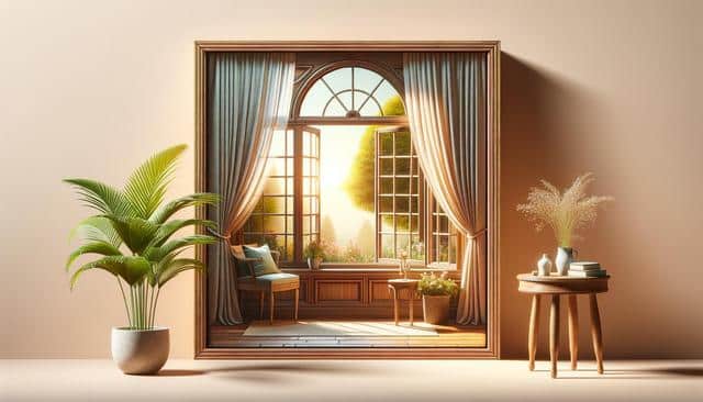 Framed window scene with open curtains, sunlight, plants, and wooden furniture; potted plant and side table in front.