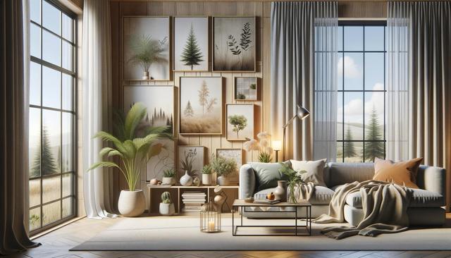 Cozy living room with large windows, plants, framed nature art, and a soft sofa with pillows and a blanket.