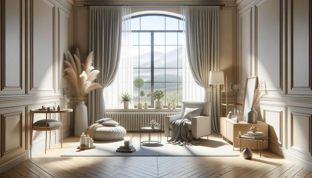 Elegant room with large window, neutral tones, soft furnishings, potted plants, and sunlight streaming in.