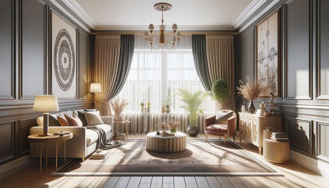 Elegant living room with large windows, cozy sofa, armchair, indoor plants, and decorative wall art.