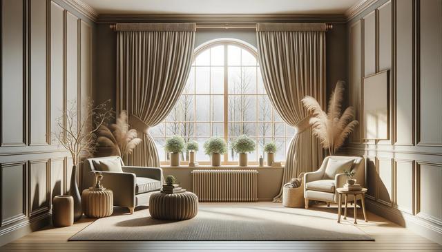 A cozy living room with large windows, beige curtains, two armchairs, potted plants, and decorative vases.